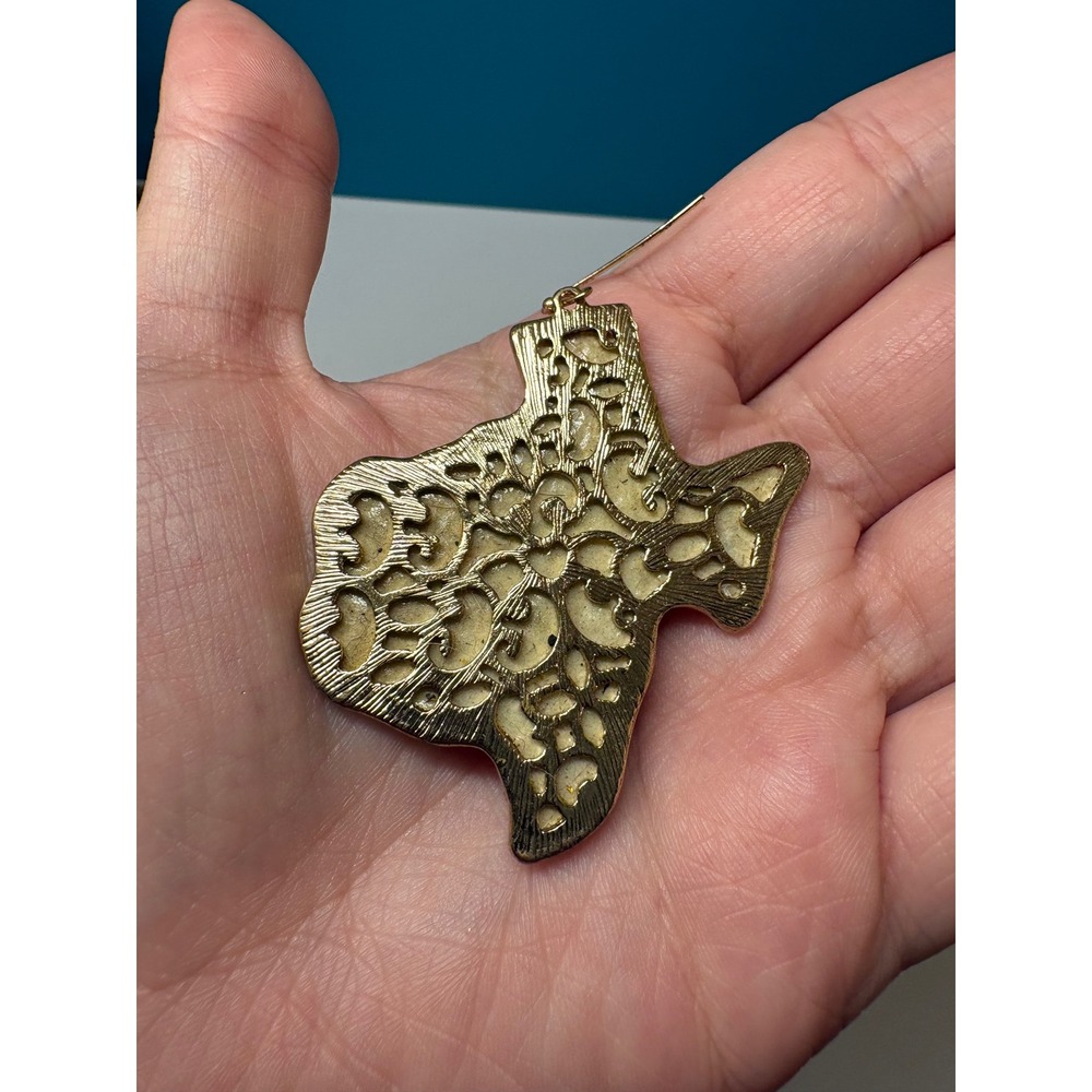 Texas State Cowhide Print Rhinestone Gold Tone Filigree Drop Earrings - Picture 3 of 4